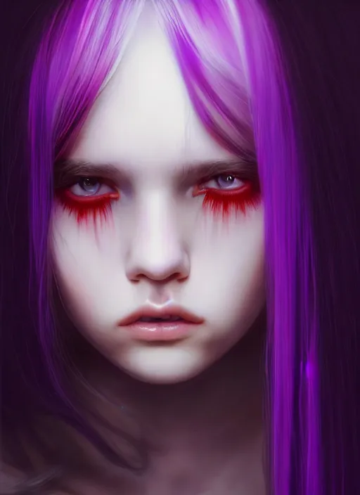 Image similar to hair whitebangs hair, black hair, whitebangs, portrait of teenage girl with white bangs, red irises, purple clothes, white bangs, bangs are different color from hair, intricate, elegant, glowing lights, highly detailed, digital painting, artstation, concept art, smooth, sharp focus, illustration, art by wlop, mars ravelo and greg rutkowski