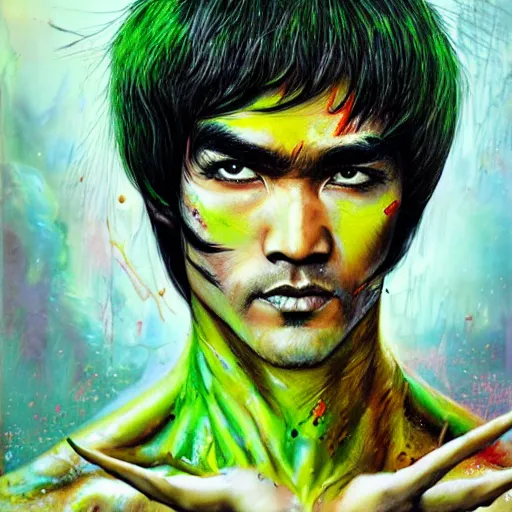 Image similar to a demon slayer portrait of bruce lee, tall, pale - skinned, and slender with lime green eyes and long eyelashes by stanley artgerm, tom bagshaw, arthur adams, carne griffiths, trending on deviant art, street art, face enhance, chillwave, maximalist, full of color, glittering