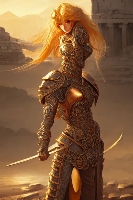 Image similar to portrait knights of zodiac girl, golden and copper shining armor, karate pose in ruined agora of athens sunrise, ssci - fi and fantasy, intricate and very very beautiful and elegant, highly detailed, digital painting, artstation, concept art, smooth and sharp focus, illustration, art by tian zi and wlop and z - - ed