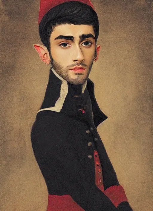 Prompt: portrait of zayn malik as an elf by turner, only one head single portrait, pointy ears, wearing a black leather napoleonic military jacket