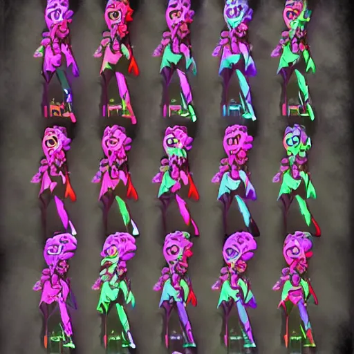 Image similar to character design sheets for a new sinister vampire squid character, artwork in the style of splatoon from nintendo, art by tim schafer from double fine studios, black light, neon, spray paint, punk outfit, tall thin frame, adult character, fully clothed, vampire, spray paint, colorful, jaw breaker color, neon pink, flecks of paint, pop art