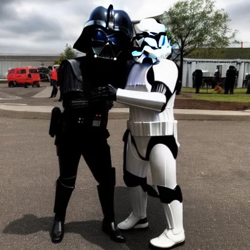 Image similar to a photo of darth vader huggin a storm trooper