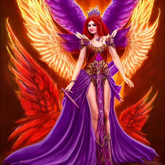 Prompt: Princess sorceress with red flaming bird wings on her back and sitting on an ornate throne dressed in a fancy long purple dress, beautiful realistic symmetrical defined face, grinning, Fantasy, Full Portrait, High detail, realistic, planeswalker