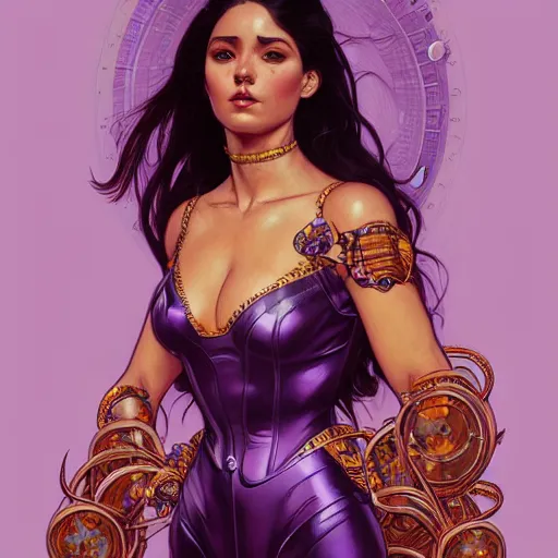 Image similar to Portrait of very very very very very very beautiful Latina woman, spacesuit, purple eyes, intricate, elegant, highly detailed, digital painting, artstation, concept art, smooth, sharp focus, illustration, art by artgerm and greg rutkowski and alphonse mucha