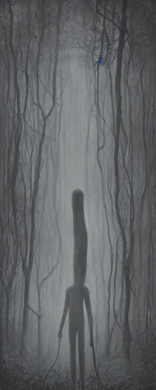 Image similar to a creepy portrait of slenderman. forest. night. character design by miles johnston, stephen gammell, gustave dore and zdzisław beksinski. volumetric light, detailed, rendered in octane