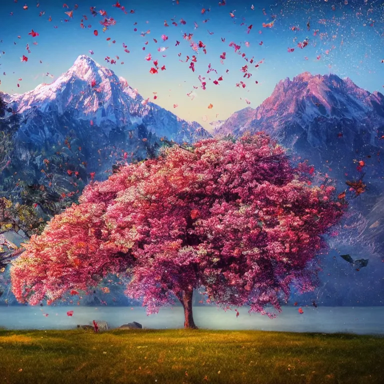 Image similar to a beautiful awesome artistic tree with falling flowers like leaves and many birds, all in the amazing outdoors view, mountain in the background, lake, long exposure, 8 k resolution, trending on artstation