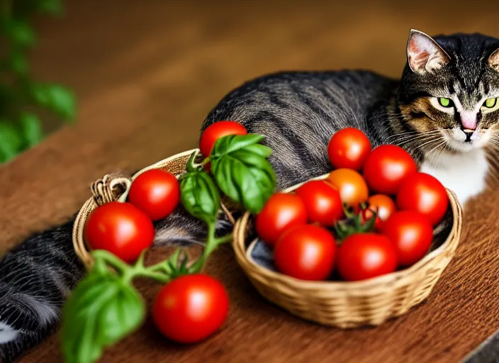 Image similar to tomatoes sprouting out of a cat. fantasy magic style. highly detailed 8 k. intricate. lifelike. soft light. sony a 7 r iv 5 5 mm. [ cinematic post - processing ].