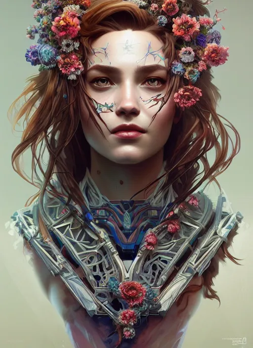 Image similar to symmetry!! portrait of floral! horizon zero dawn machine, intricate, elegant, highly detailed, digital painting, artstation, concept art, smooth, sharp focus, illustration, art by artgerm and greg rutkowski and alphonse mucha, 8 k