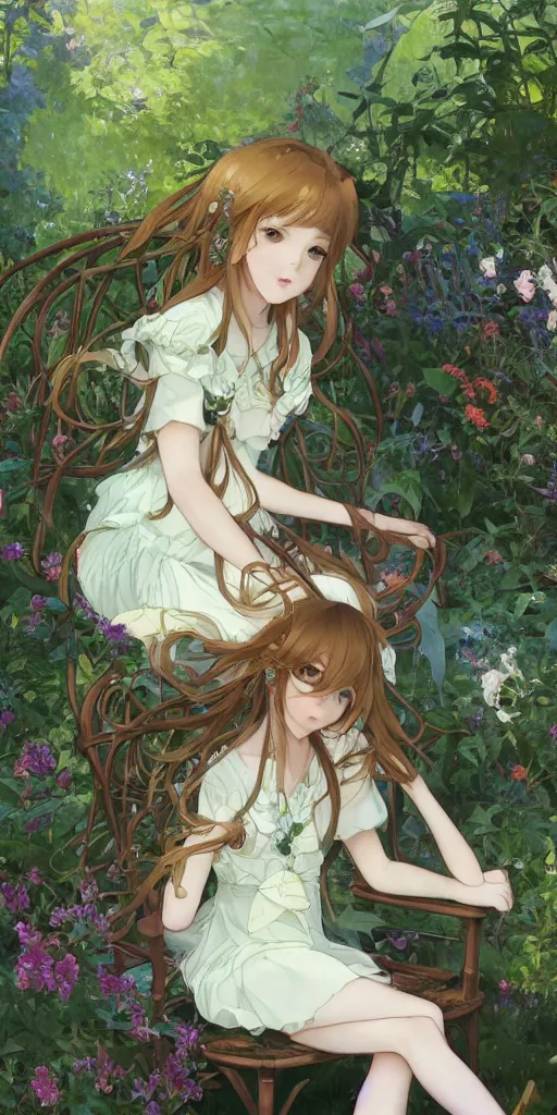 Prompt: a digital art of a loli with long hair in a dress sitting on a garden chair in the privet garden at after noon, green and warm theme, back lighting, by krenz cushart and mucha and akihito yoshida and greg rutkowski and makoto shinkai, extremely long shot, detailed eyes, 4 k resolution, trending on art station