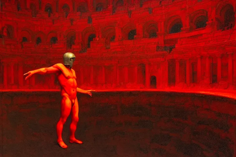 Image similar to only with red, a red gladiator in a crowded roman amphitheatre, crowd cheers him, in the style of beksinski, parts by edward hopper, parts by rodcenko, parts by yue minjun, intricate and epic composition, red by caravaggio, insane quality, highly detailed, masterpiece, red light, artstation