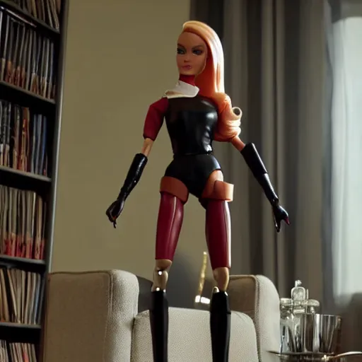 Image similar to amazing beautiful Spy from Team Fortress 2 barbie doll wearing leather in the living room, film still from the movie directed by Denis Villeneuve , wide lens