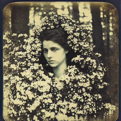 Prompt: portrait of a beautiful woman covered in flowers, Forest, ray gods, 1910 polaroid photography