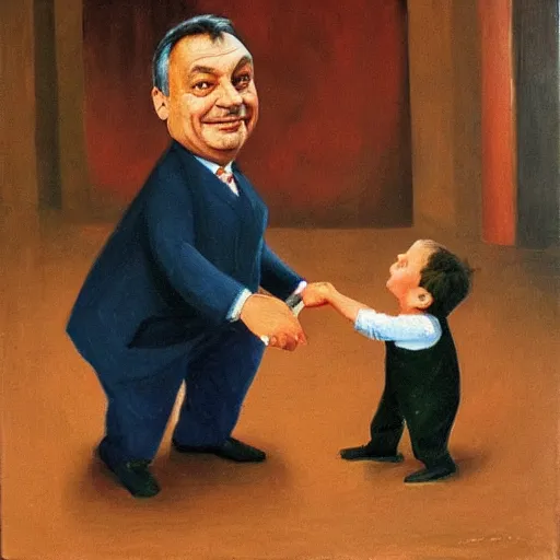 Image similar to viktor orban playing with a small child, oil painting