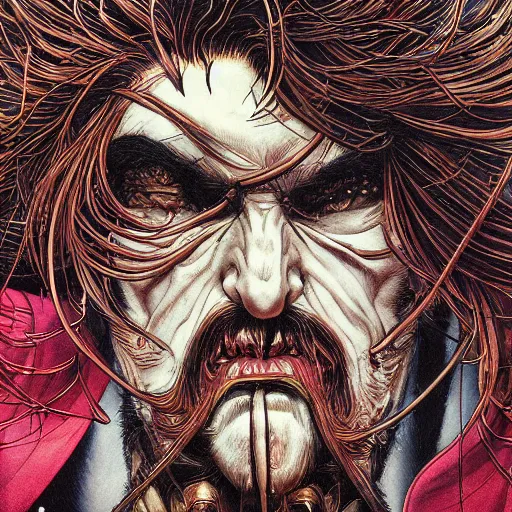 Image similar to portrait closeup of crazy captain hook, galleons, symmetrical, hyper detailed, by yoichi hatakenaka, masamune shirow, josan gonzales and dan mumford, ayami kojima, takato yamamoto, barclay shaw, karol bak, yukito kishiro