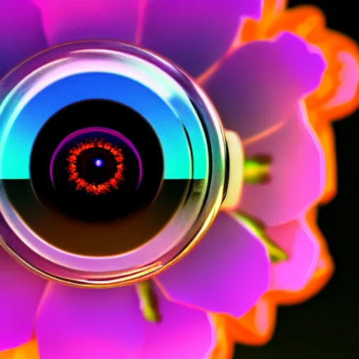 Prompt: a close up of a flower camera with an eyeball for a lens. cyberpunk art by beeple, flickr contest winner, computer art, bokeh, octane render, shallow depth of field
