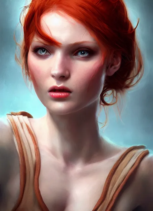 Prompt: Beautiful redhead girl which chest wrapped in bandages, portrait, fantasy, medieval, vivid colors, fantasy, elegant, concept art, sharp focus, beautiful face, digital art, Hyper-realistic, 4K, Unreal Engine, Highly Detailed, HD, Dramatic Lighting by Brom, trending on Artstation