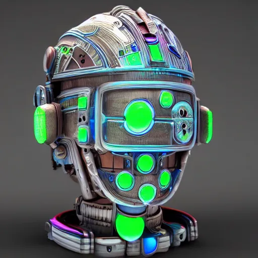 Image similar to a glossy claymodel of a dieselpunk aztec futuristic robot head with eeg sensors, 8 k, front shot, symetrical, flourescent colors, halluzinogenic, multicolored, insanely detailed, front shot, 3 d render, octane
