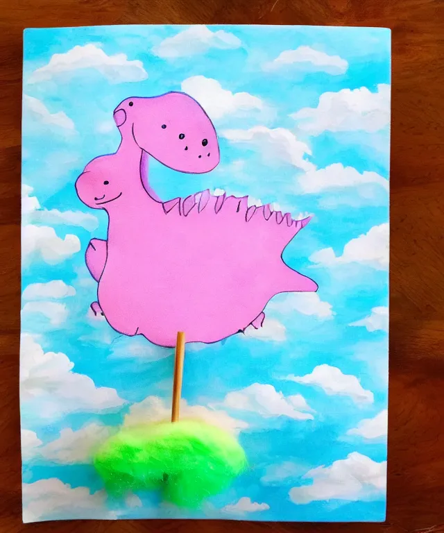 Prompt: a cute little dinosaur, water painting, cotton candy, fluffy clouds