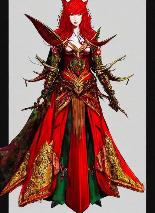 Image similar to Full body portrait of a beautiful red haired elven queen wearing red, green and gold ceremonial queen dress and elaborate golden crown. In style of Yoji Shinkawa and Hyung-tae Kim, trending on ArtStation, dark fantasy, great composition, concept art, highly detailed.