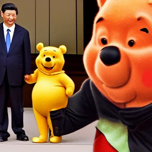 Prompt: winnie the pooh and xi jinping shaking hands in front of press