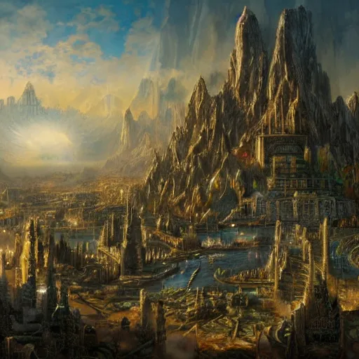 Prompt: a beautiful stunning insanely detailed complex matte painting of a magical mythical city at the edge of the world, by James Gurney, artstation