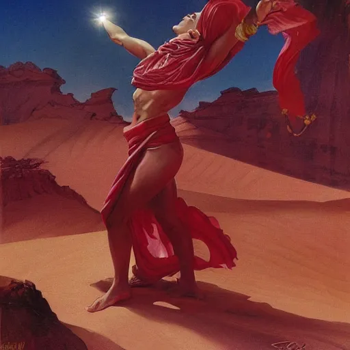 Image similar to Silk sheet desert ecstasy Bedouin under crimson azure diamond sky, in the style of Frank Frazetta, Jeff Easley, Caravaggio, extremely clear faces coherent, clear lines, 8K revolution