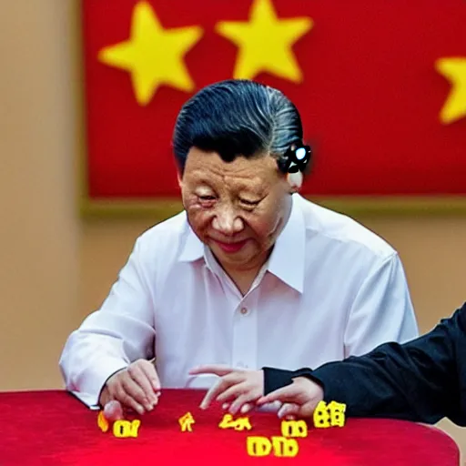 Image similar to Xi Jinping playing Uno game with Winnie the poo