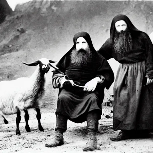 Image similar to photo of breton monks looking like rasputin, with a goat