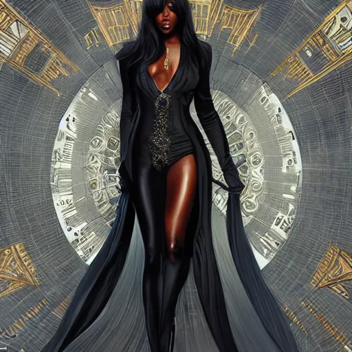 Image similar to full figure ultra realistic illustration, naomi campbell wearing a black pantsuit in a new york city office, intricate, elegant, highly detailed, digital painting, artstation, concept art, smooth, sharp focus, illustration, art by artgerm and greg rutkowski and alphonse mucha