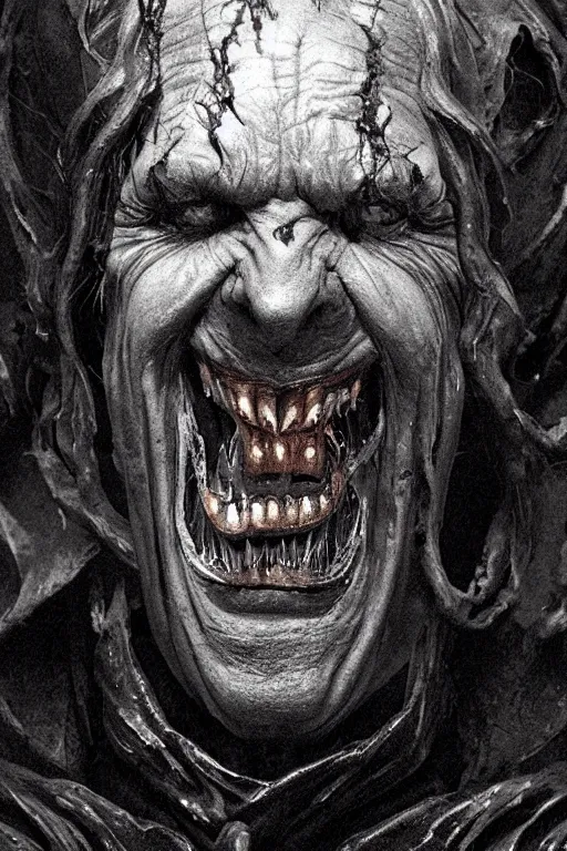 Image similar to portrait of a old vampire slightly smiling, intricate wrinkles, dystopian terror, sharp black fangs, night light, extremely detailed, digital painting, candles, sculpted in zbrush, artstation, concept art, smooth, sharp focus, illustration, chiaroscuro lighting, golden ratio, incredible art by Stanley Artgerm Lau and Greg Rutkowski, composition by Alphonse Mucha and Simon Stalenhag