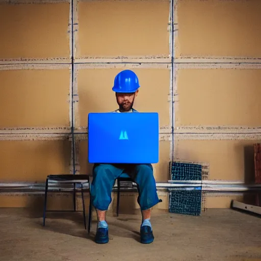 Image similar to a polaroid photo of man using a laptop inside in warehouse, he sitting on chair and small table, he's wearing blue cloth and construction hat behind him is a very scary monster, photo from behind, highly details, perfect face shape, cinematic lighting,