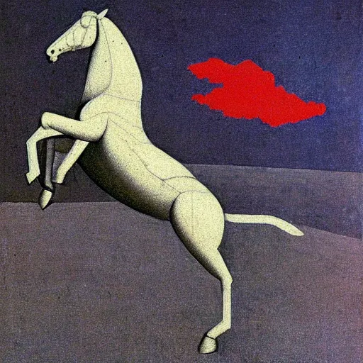 Prompt: horse flying over an austronaut that stays on the ground. by kazimir malevich