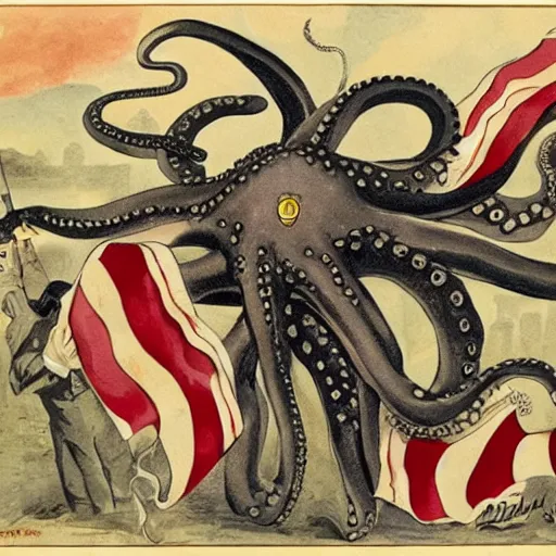Prompt: a patriotic british octopus fighting in world war i