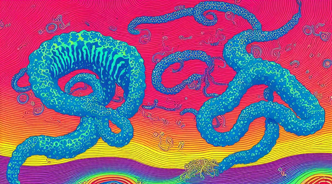 Prompt: a portrait of a giant tentacle monster with psychedelic arms on an acid trip in a multicoloured rainbow in the cosmos, flat design, screen print by Kawase Hasui and dan hillier, 8k unreal engine