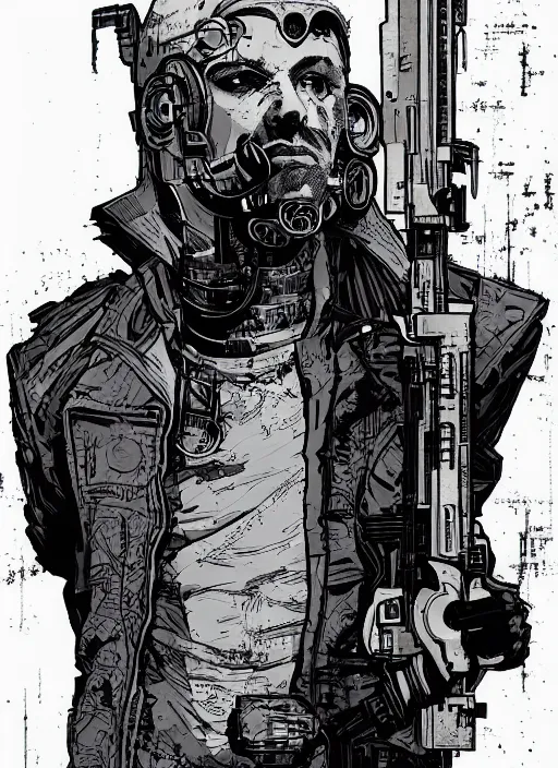 Prompt: marcus. cyberpunk assassin. portrait by ashley wood and alphonse mucha and laurie greasley and josan gonzalez. illustration, pop art, cinematic. realistic proportions. moody industrial setting. artstationhq