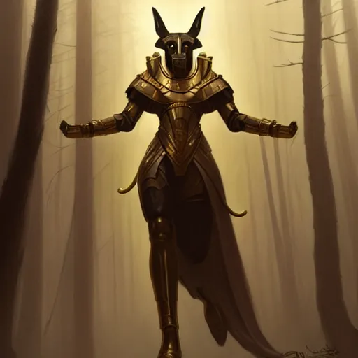 Image similar to long shot photo of humanoid anubis wear in golden heroic armour in the foggy forest, foggy bottom, highly detailed, digital painting, artstation, smooth, sharp focus, illustration, art by artgerm and greg rutkowski and alphonse mucha