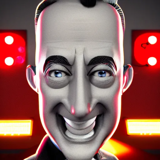 Image similar to a 3 d render of peewee herman on max headroom, octane render, unreal engine, hyperrealism, 8 k, trending on artstation, ultra detailed, volumetric lighting, dramatic lighting, lasers, neon