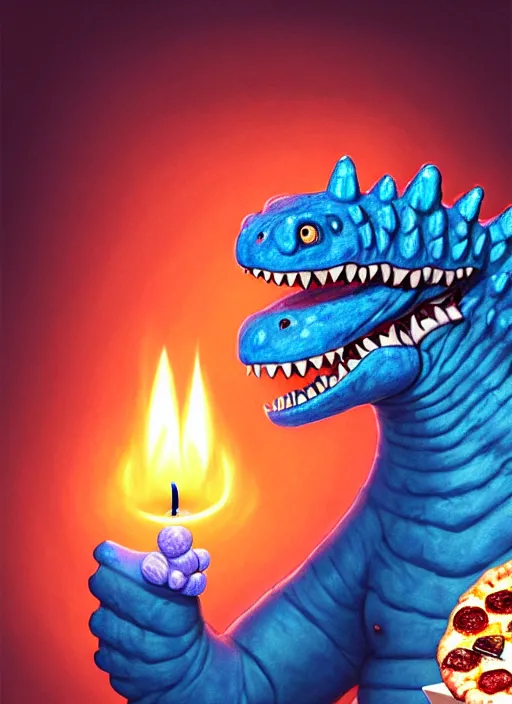 Image similar to portrait of a smiling small fat blue godzilla with a pizza, wearing a propeller beanie, intricate, elegant, candle light, highly detailed, digital painting, artstation, concept art, smooth, sharp focus, illustration, art by wlop, mars ravelo and greg rutkowski
