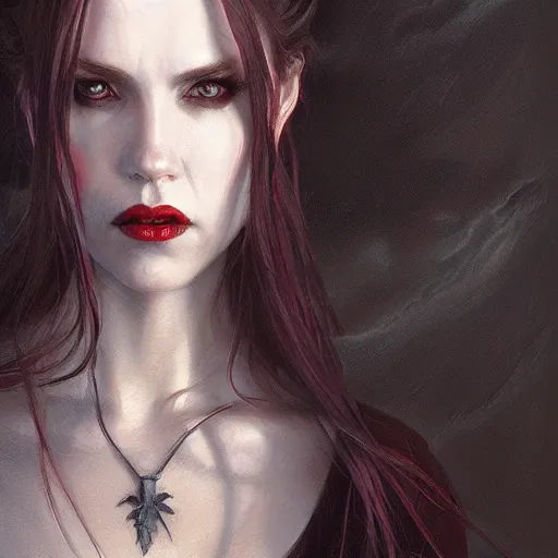 Prompt: portrait of a lady vampire, digital painting, ominous, sharp, detailed, photorealistic, high definition, 4k, artstation, donato giancola, Greg Rutkowski, matthew benedict, character design