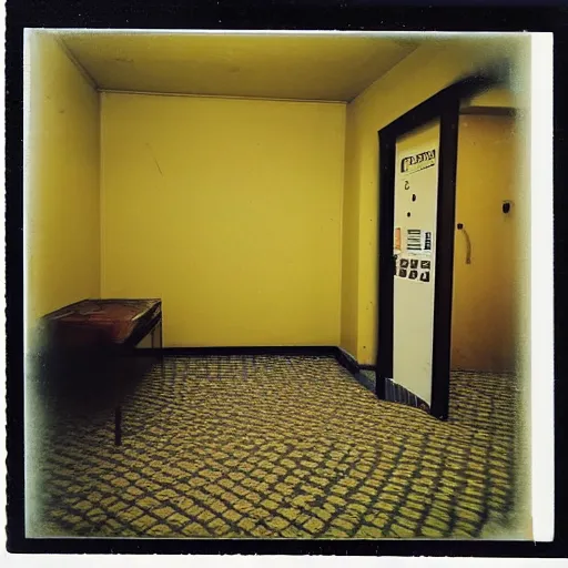 Prompt: A polaroid photograph of empty endless rooms, yellow patterned wallpaper on the walls, moist dirty carpet, unnatural fluorescent warm lights lighting the scene