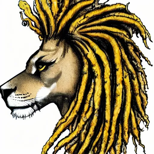 Prompt: illustration of an epic looking lion with a mane of rasta dreadlocks staring into the distance