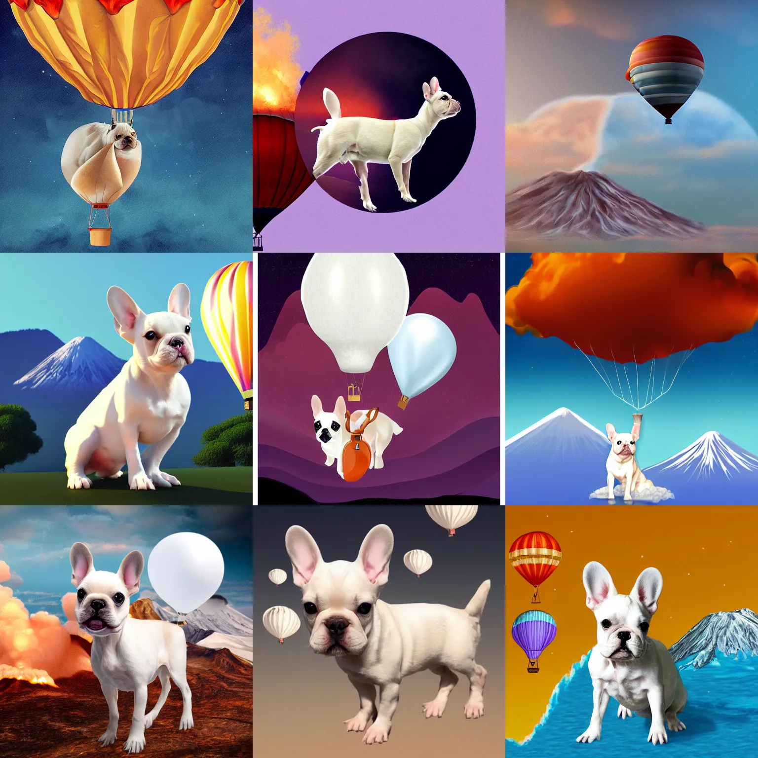 Prompt: a white fawn French bulldog, in a hot hair balloon over an active volcano, photorealistic illustration , digital art.