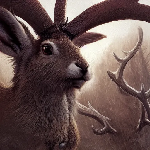 Prompt: a jackalope, jackrabbit with the antlers of a deer bigger than a building. Menacing. Soulless eyes. Monster. Eldritch. By Greg Rutkowski. By Marc Simonetti. C. M. Kosemen. Masterpiece. Award winning artwork. Cgsociety