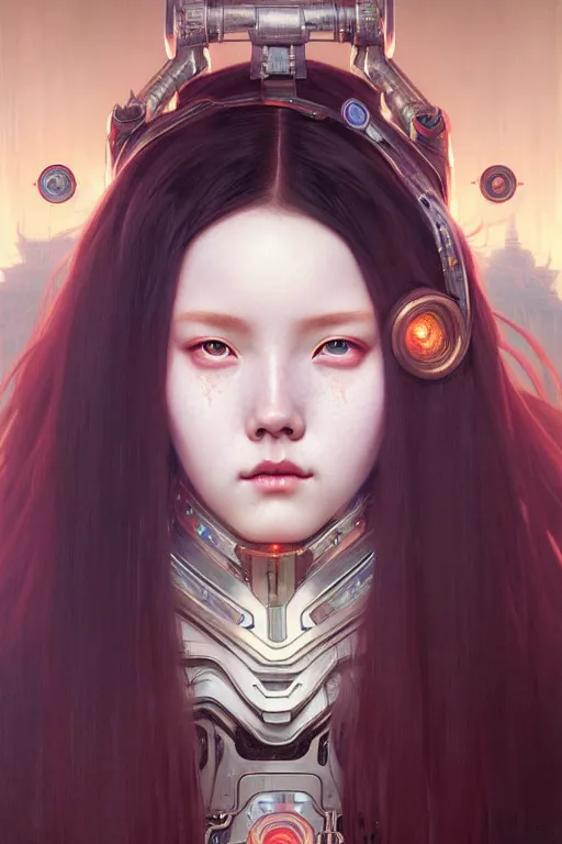 Image similar to portrait painting of olivia hye loona cyberpunk samurai smiling, ultra realistic, concept art, intricate details, eerie, highly detailed, photorealistic, octane render, 8 k, unreal engine. art by artgerm and greg rutkowski and magali villeneuve and alphonse mucha