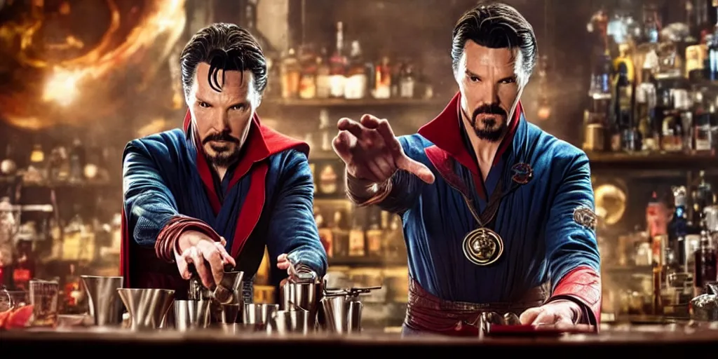 Image similar to film still of Doctor Strange working as a bartender in the new Avengers movie, 4k