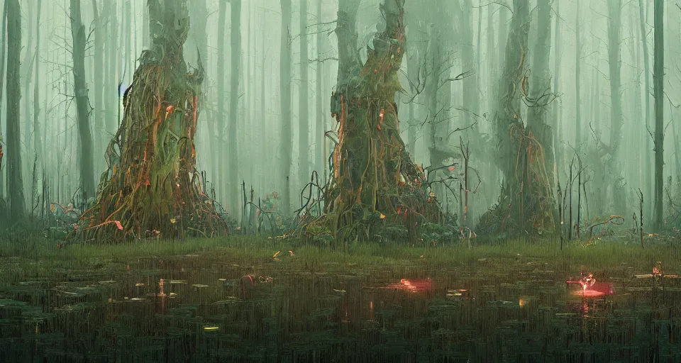 Prompt: An enchanted forest with a swamp, by simon stalenhag