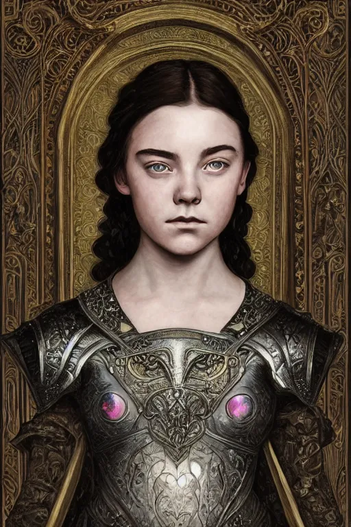 Image similar to a dark head and torso art nouveau portrait of a 16-year old girl who resembles Saoirse Ronan and Anya Taylor Joy with a worried, intense gaze and slightly opened mouth, ornate intricate iridescent battle armor, intricate, elegant, highly detailed, digital painting, artstation, concept art, smooth, sharp focus, illustration, art by John William Waterhouse and Bouguereau and Donato Giancola and alphonse mucha