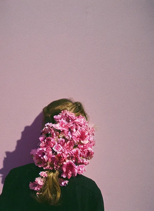 Image similar to extra close-up, color film photography, the back of a woman\'s head with interwoven flowers against a pink wall, daylight, 35mm