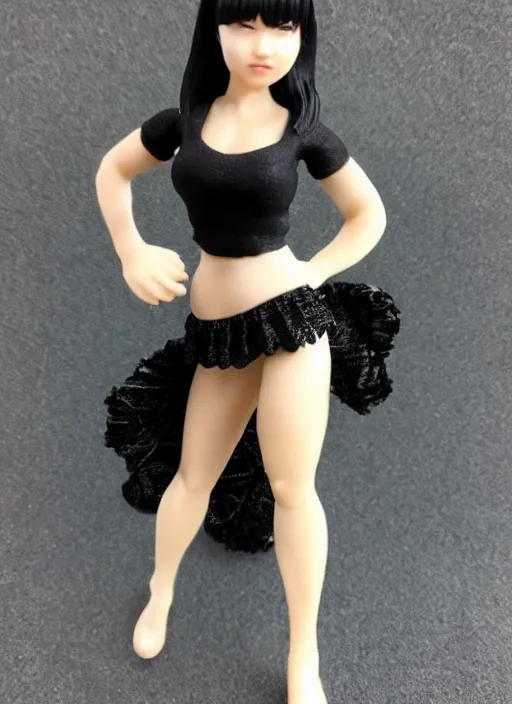 Image similar to Product Introduction Photos, 4K, Full body, 80mm resin detailed miniature of a very muscular black lady in White and lacy ruffled mini-skirt, dark skin, black hair