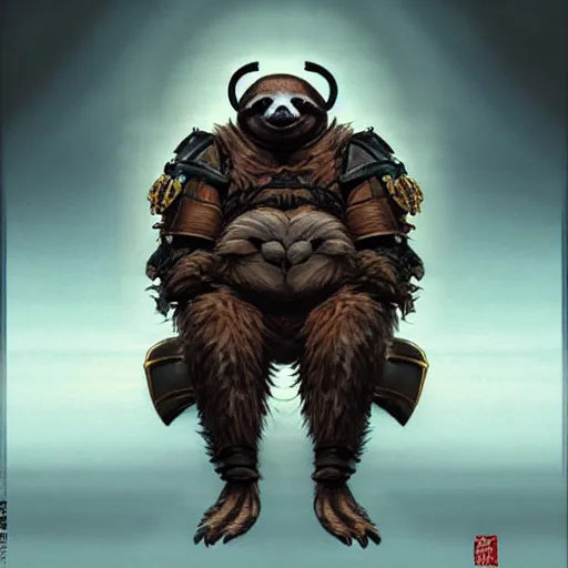 Image similar to graphic, hyperreal illustration of anthropomorphic sloth in traditional samurai armor : : digital art, concept art, character development : : illustrated by artgerm, yoji shinkawa, scott buoncristiano, nychos